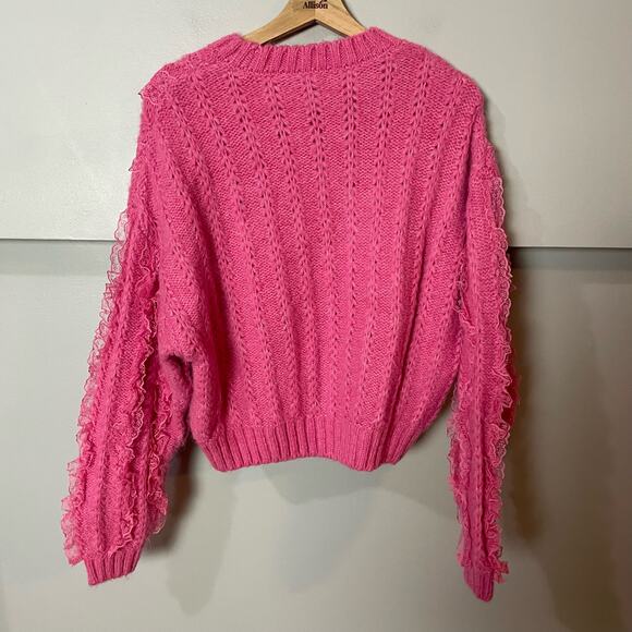 Zara Pink Ruffled & Lace Chunky Knit Sweater SZ Medium Girly Coquette Preppy - Picture 11 of 15